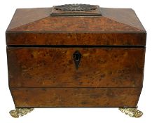 BURR YEW SARCOPHAGUS FORM TEA CADDY, early 19th Century, the lid having carved patera medallion,