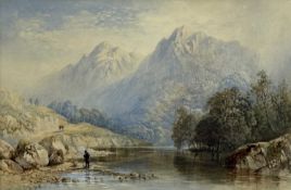 CORNELIUS PEARSON (British, 1805-1891) watercolour - river view with angler in foreground and