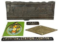 VINTAGE CAST IRON RAILWAY PLATES, Euston Station London, 3.5 x 46cms; LMS Wolverton, 5 x 14.5cms;