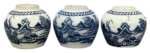 THREE CHINESE BLUE & WHITE GINGER JARS featuring a continuous landscape with mountains, waves and
