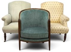 PAIR OF UPHOLSTERED ANTIQUE EASY CHAIRS on turned supports, and an upholstered tub chair (3)
