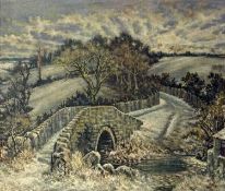 ‡ MOSS WILLIAMS (Welsh, 1894-1975) large oil on board - arched stone bridge and lane, Caernarfon,