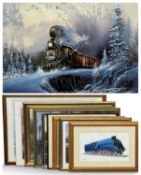 NINE VARIOUS COLOUR PRINTS & ONE WATERCOLOUR OF RAILWAY LOCOMOTIVES, various sizes Provenance:
