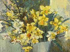 ‡ ANNE CARRICK (Scottish, 1919-2005) oil on board - daffodils, artist's label verso, unsigned, 51