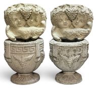 PAIR OF STONEWARE PEDESTAL PLANTERS, 25 (h) x 25cms (diam.); and two cherub wall pockets, 24 (h) x