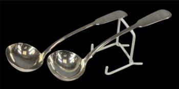 PAIR OF GEORGE III SILVER LADLES with monogrammed handles, James Beebe, London 1818, 17.5cms (l),