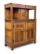 OAK COURT CUPBOARD, circa 1900, with fielded and raised panels, carved detail, 162 (h) x 132 (w) x