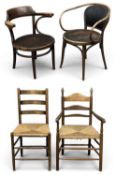 FOUR VINTAGE CHAIRS, to include two bentwood type elbow chairs and two rush seated chairs (4)