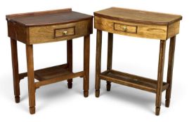 TWO SIMILAR MIXED WOOD BOWFRONT SINGLE-DRAWER HALL TABLES, both with lower-tier shelves, 80 (h) x 68