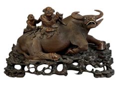 LARGE CHINESE ROSEWOOD WATER BUFFALO & RIDERS, late 19th / early 20th century, well-carved and on