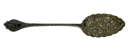 VICTORIAN SILVER BERRY SPOON, bowl repoussé decorated with fruit, shaped handle, London 1896, 2ozt