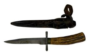 VINTAGE DAGGER, 11.5cms clip point blade, steel cross guard and antler handle, leather sheath