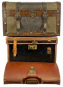 VINTAGE LEATHER-BOUND CANVAS TRUNK, 34 (h) x 46 (w) x 35cms (d); vintage brown leather briefcase;
