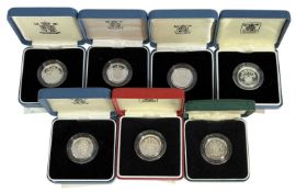SEVEN ROYAL MINT UK SILVER PROOF £1 COINS, each 9.5g, encapsulated and in presentation cases