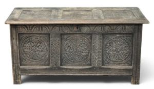 ANTIQUE OAK THREE-PANEL COFFER with carved front, 62 (h) x 129 (w) x 55cms (d) Provenance: private