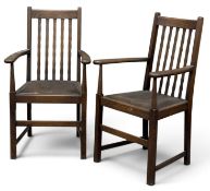 PAIR OF EDWARDIAN OAK SPINDLE-BACK ELBOW CHAIRS with Rexine seats, 101 (h) x 59 (w) x 40cms (d)