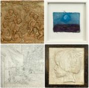 DECORATIVE GROUP OF PICTURES & PANELS, including a vintage plaster bas-relief portrait of a child in