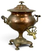GEORGIAN COPPER SAMOVAR, circular body with side handles, lid with foliate finial, brass tap, on