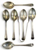 SET OF SIX SILVER TEASPOONS & MATCHING SUGAR TONGS, 4ozt Provenance: private collection Ynys Môn