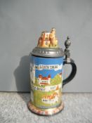 Mettlach. Bierkrug. Handbemalt mit Gebäuden und Sprüchen. H. 25cm.