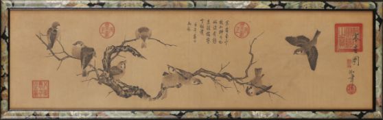 Chinesische Holzschnitt "Vögel auf Geäst"