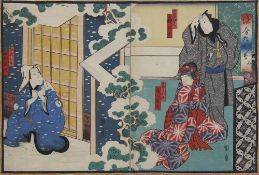 Isshusai Kunikazu (tätig 1850 - 1870), japanischer Fabrholzschnitt, 2-teiliges Blatt, Diptychon zu