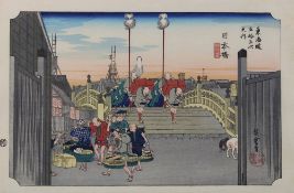 Utagawa Hiroshige (1797-1858),  "Morgendliche Ansicht der Nihonbashi-Brücke", aus der Serie "53