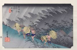 Utagawa Hiroshige (1797-1858),  "Plötzlicher Regen in Shono / Shono, hakuu", aus der Serie "53