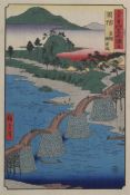 Utagawa Hiroshige (1797-1858),  "Provinz Suo, Iwakuni, Kintai-Brücke", aus der Serie "Berühmte
