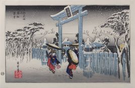 Utagawa Hiroshige (1797-1858),  "Gion-Schrein im Schnee", aus der Serie "Berühmte Orte in Kyoto",