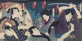 Kunichika Toyohara (1835-1900), 3 japanische Farbholzschnitte, Triptychon zu einem Kabuki-