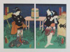 Utagawa Kunisada / Toyokuni III (1786 - 1865), 2 japanische Farbholzschnitte, Diptychon zu einem