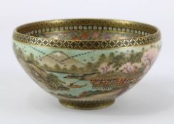 Satsuma Keramik Kumme mit Motiv des Fujiyama, Japan um 1890, Außenwandung mit seltenem Motiv in