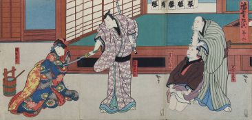 Gotei Hirosada (ca. 1810-1864), Farbholzschnitt, dreiteiliges Blatt, chuban-Triptychon zu dem