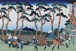 Katsushika Hokusai (1760-1849), "Hodogaya an der Tokaido-Straße", japanischer Farbholzschnitt,