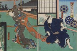 Gotei Hirosada (ca. 1810-1864), 2 japanische Farbholzschnitte, chuban-Diptychon zu dem Kabuki-