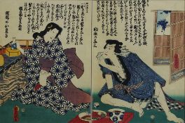 Utagawa Kunisada / Toyokuni III (1786 - 1865), 2 japanische Farbholzschnitte, Diptychon zu dem