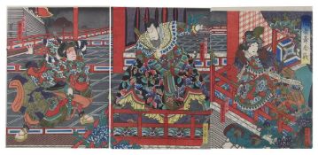 Utagawa Yoshitaki (1841-1899), 3 japanische Farbholzschnitte, Triptychon aus dem Kabuki-Theaterstück
