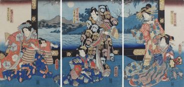 Utagawa Kunisada / Toyokuni III (1786 - 1865), 3 japanische Farbholzschnitte, Triptychon zu dem