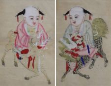 Paar Chinesische Aquarellierte Tuschezeichnungen, Kinder mit Tieren, um 1900, Passepartout-