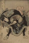 Utagawa Toyokuni (1769 - 1825), Japanischer Farbholzschnitt einer Kabuki-Theaterszene mit Sumo-