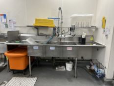 STAINLESS STEEL 3 COMPARTMENT SINK W/ SHELF AND SPRAYER