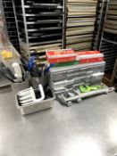 ASSORTED SMALLWARES ON STAINLESS CABINET