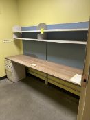 8FT DESK AND WALL SHELVING IN RECEIVING OFFICE