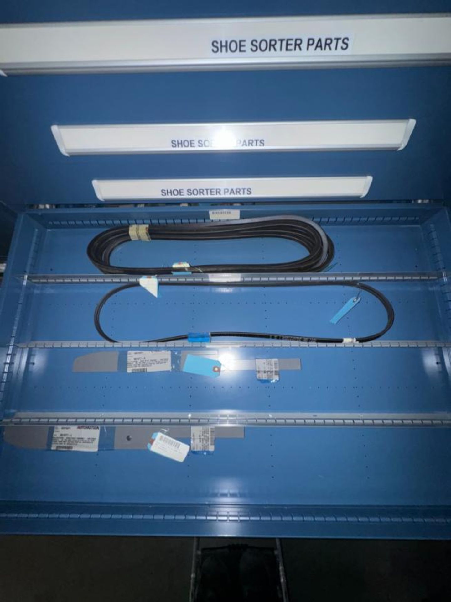 contents of 8) drawers- shoe sorter parts- drive shafts, belts, - Image 3 of 8