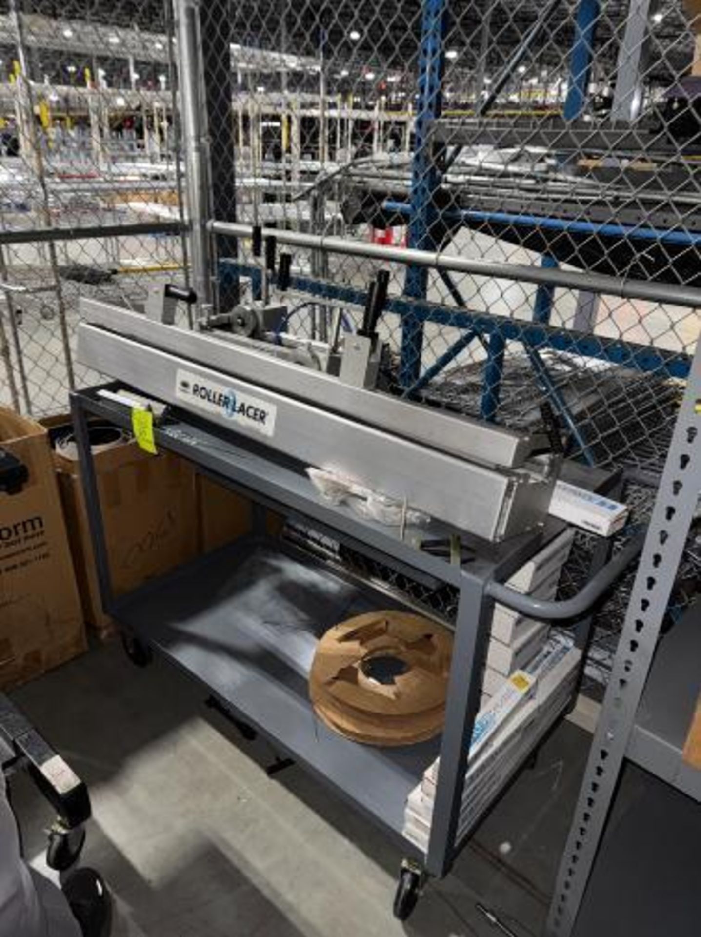steel cart w/ conveyor belt roller lacer & supplies