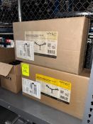 contents of shelf- deck mount dual monitor arms, TV wall mounts,