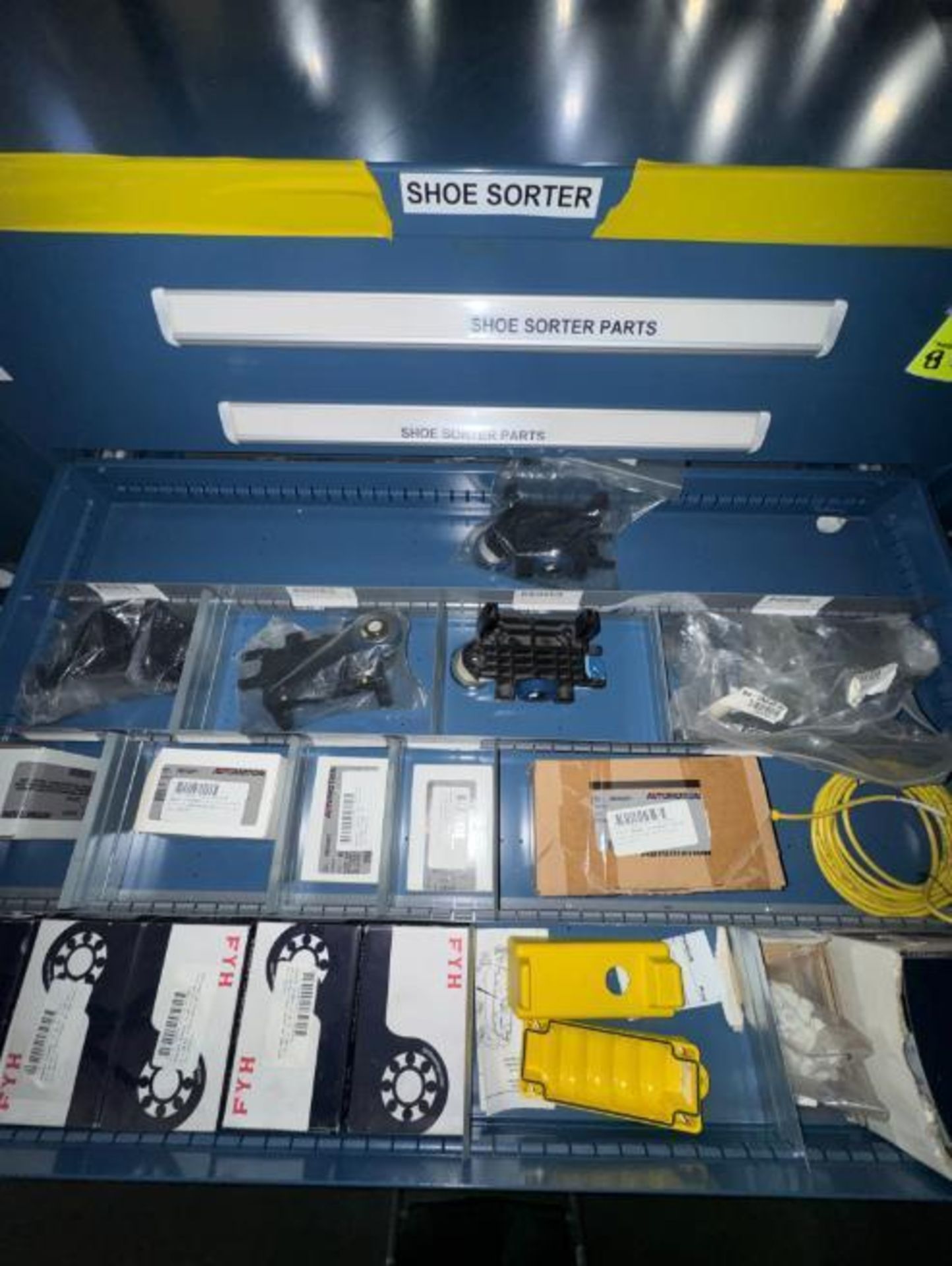 contents of 8) drawers- shoe sorter parts- drive shafts, belts, - Image 2 of 8