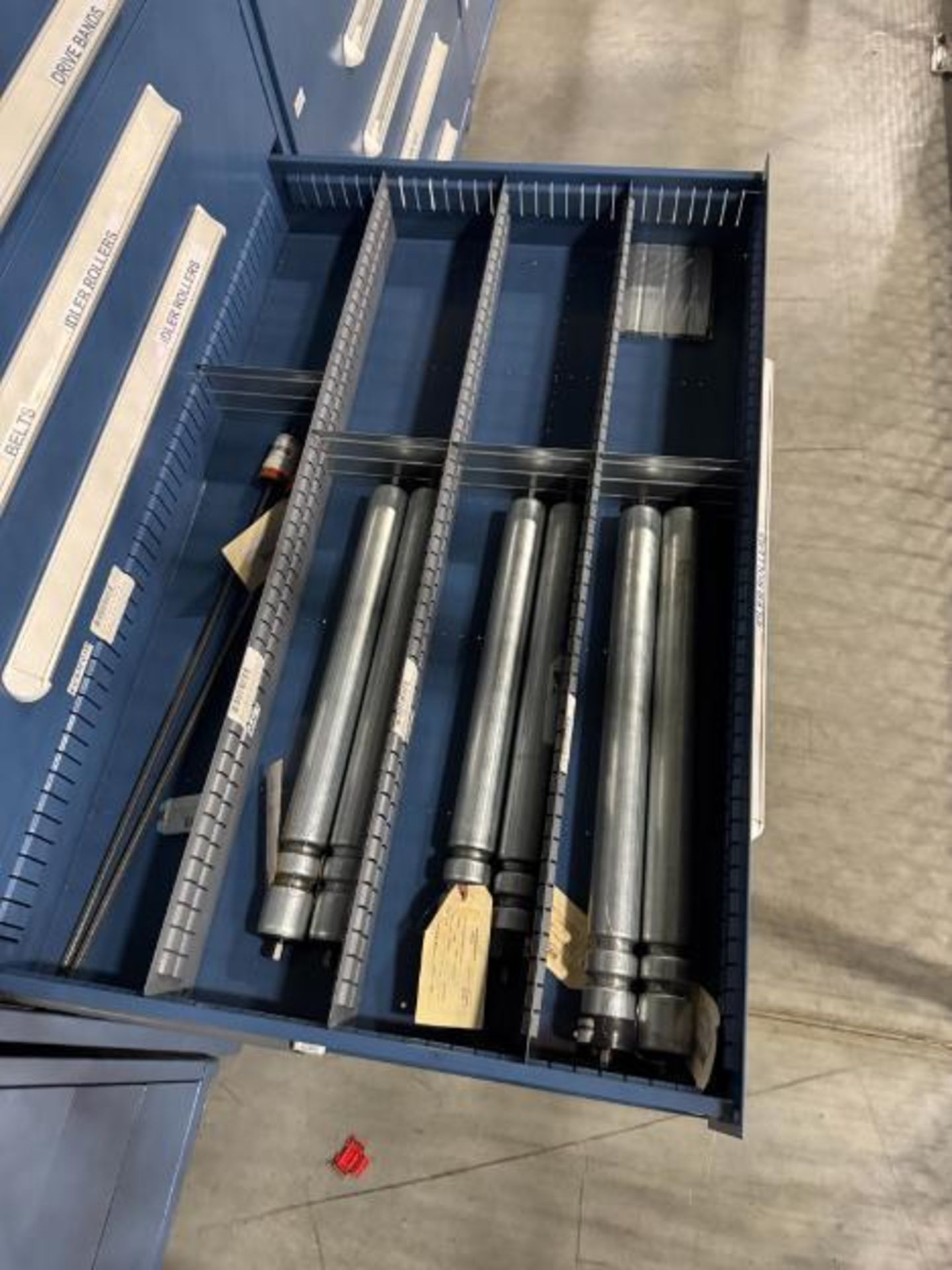 contents of 9) drawers- conveyor parts, idler rollers, belts, - Image 8 of 11