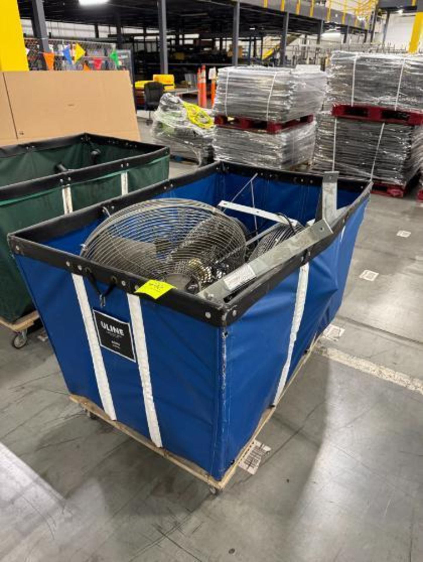 soft bin, on casters, w/ 7) 20" wall mount fans